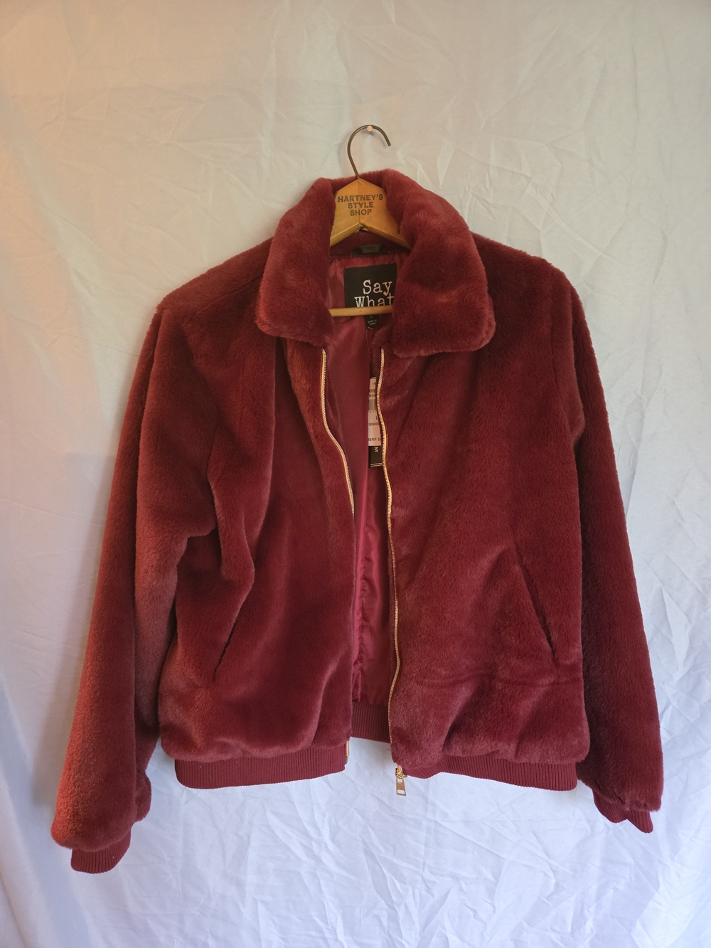 Say What? Women's Plush Faux Fur Bomber Jacket - Burgundy